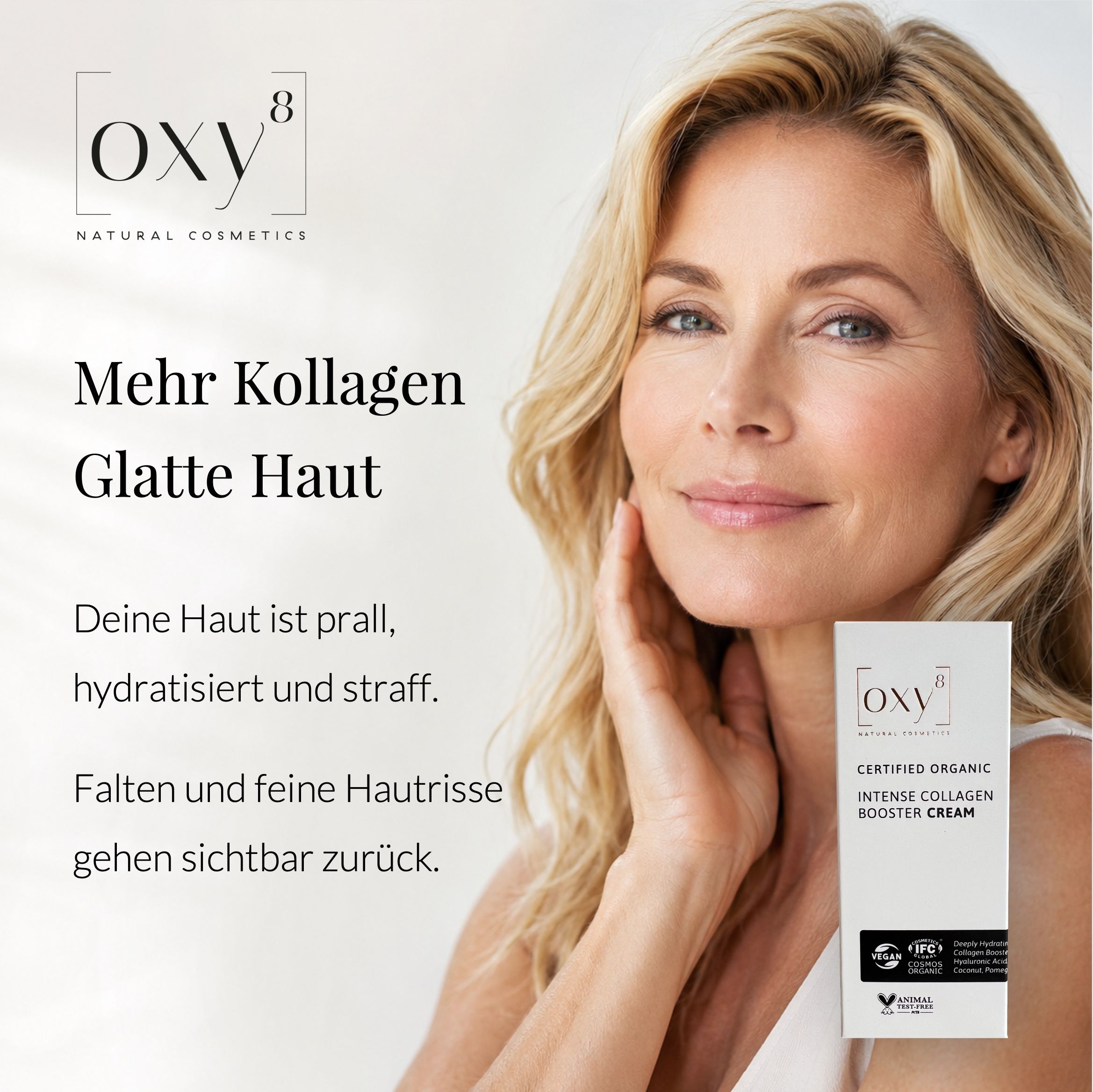 Werbung: Frau mit glatter Haut, Text: Mehr Kollagen, Glatte Haut