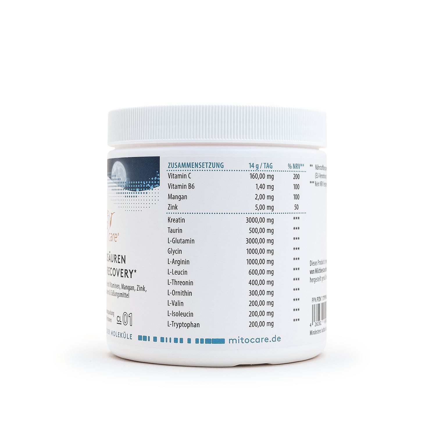 Seite der MITOcare Aminosäuren Night & Recovery Dose mit Zusammensetzungsliste.