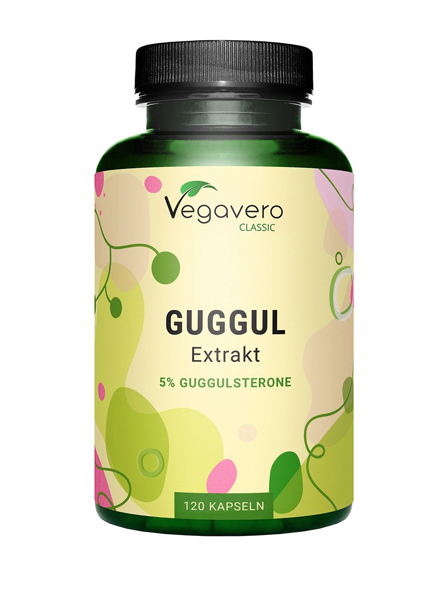 Grüne Glasflasche mit schwarzen Deckel. Aufschrift: Vegavaro Classic, Guggul Extrakt, 5% Guggulsterone, 120 Kapseln.