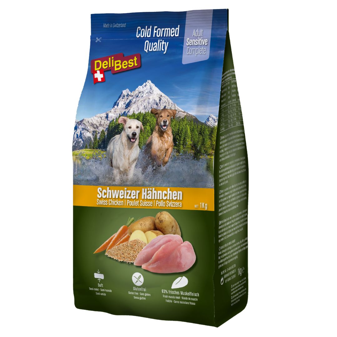 DeliBest Hund Adult Sensitive Complete Hähnchen halbfeuchtes Trockenfutter (kaltgeformt) 3x4000 g Futter