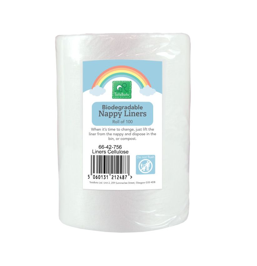 Rolle Windelvlies, weiß, in Folie verpackt. Aufkleber mit Text: Biodegradable Nappy Liners, Roll of 100. Mit Regenbogen-Logo.