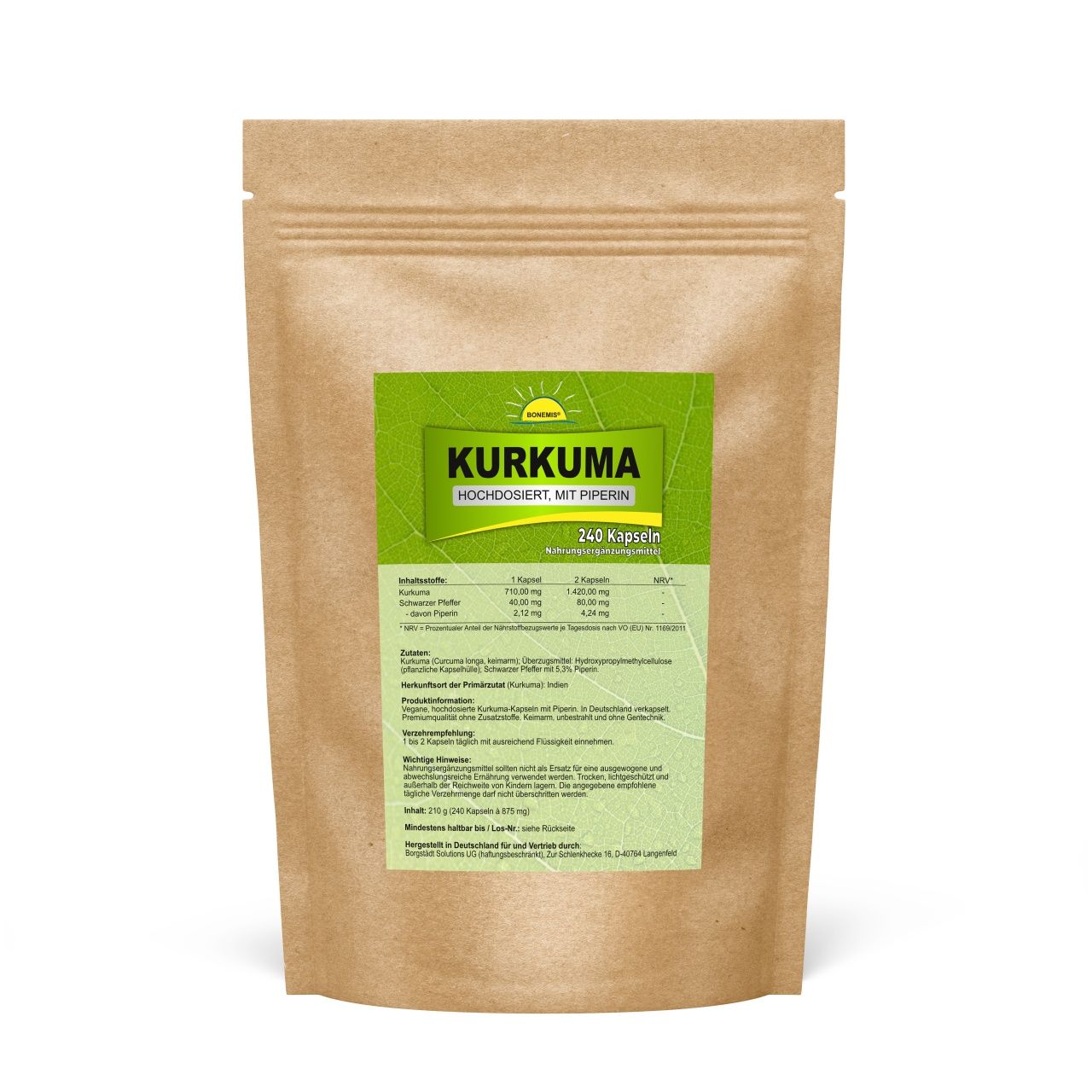 Bonemis® Kurkuma (hochdosiert, mit Schwarzem Pfeffer und Piperin) 0,21 kg Kapseln