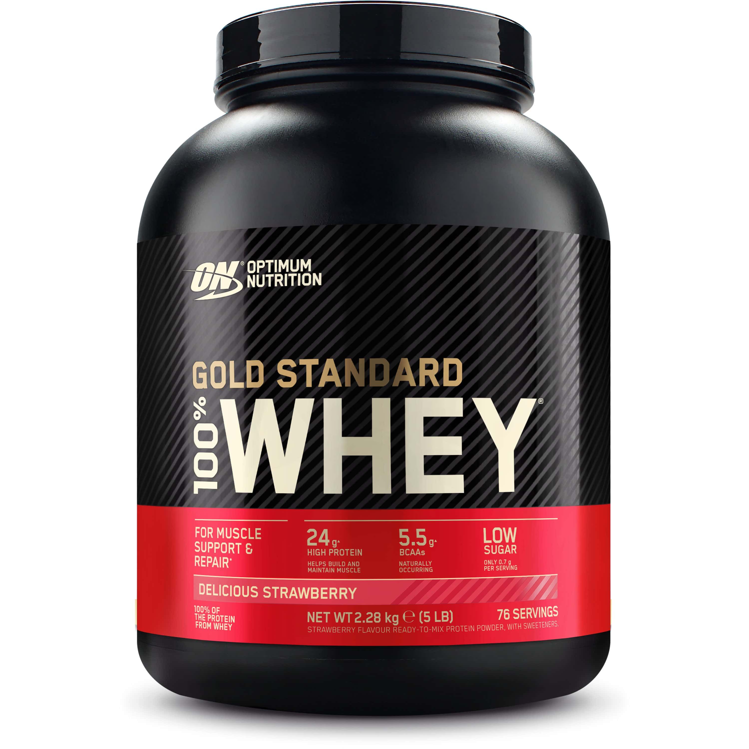 Schwarze Dose mit rotem Etikett. Aufschrift: Gold Standard 100% Whey, 24g Protein, Delicious Strawberry. Marke: Optimum Nutrition.