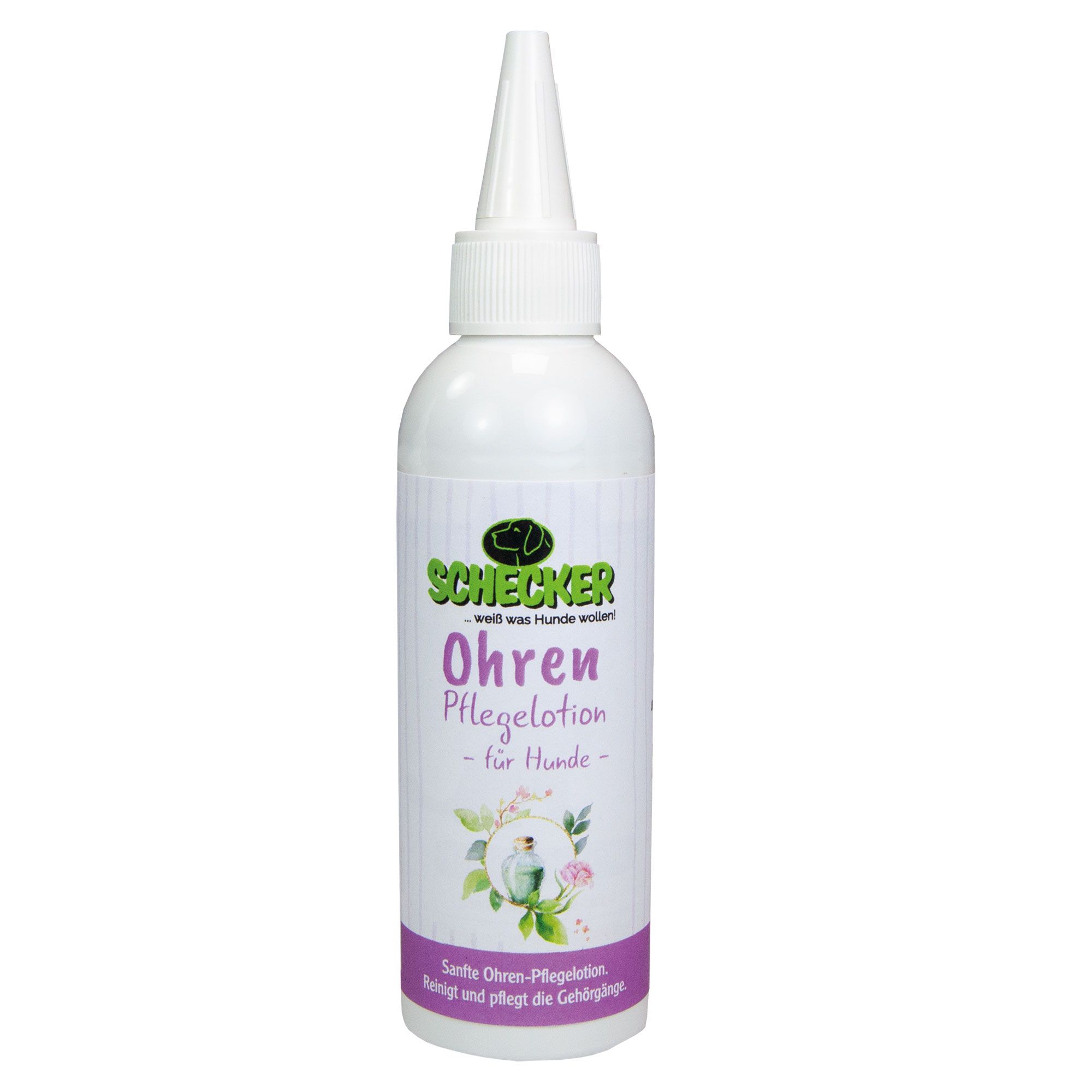 Weiße Flasche mit Ohrenpflege-Lotion für Hunde. Etikett mit Logo und Schriftzug. Spitze zum Auftragen.