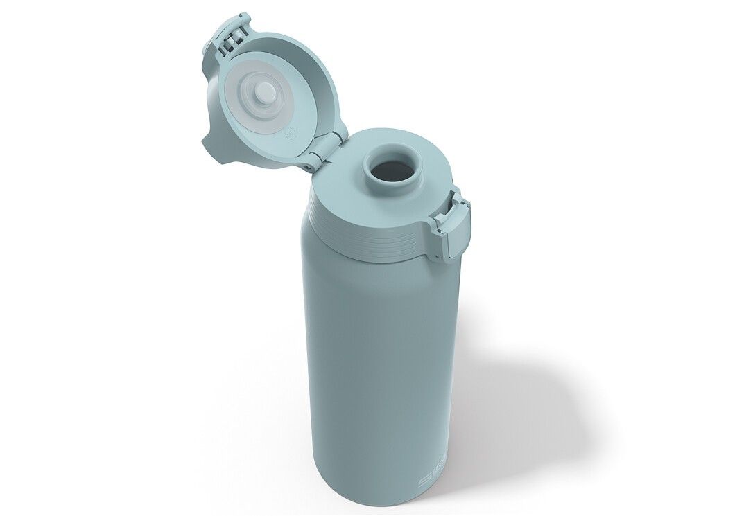Hellblaue Isolierflasche, Deckel geöffnet. Sicht auf die Trinköffnung. SIGG-Logo unten.