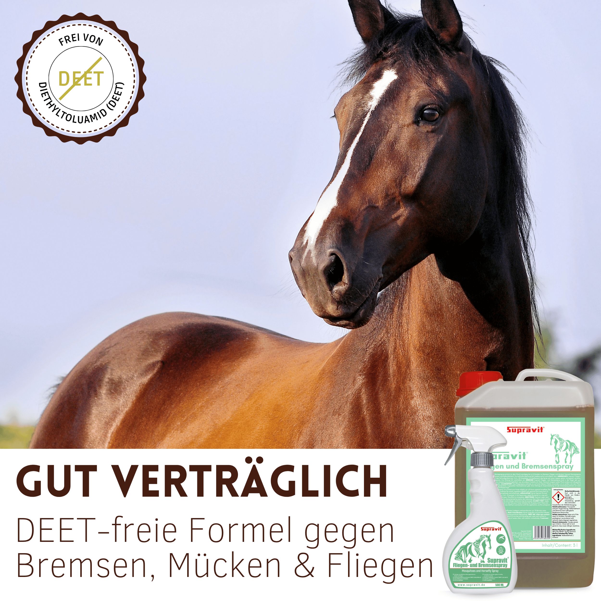 Pferd mit DEET-freiem Mittel gegen Insekten.