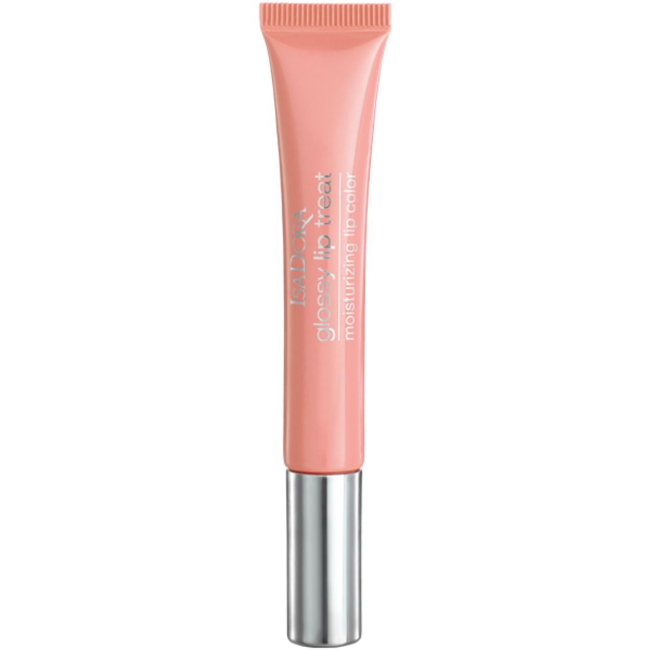 IsaDora Glossy Lip Treat. Rosa Lippenfarbe in Tube mit silbernem Deckel. Text: Glossy Lip Treat, moisturizing lip color.