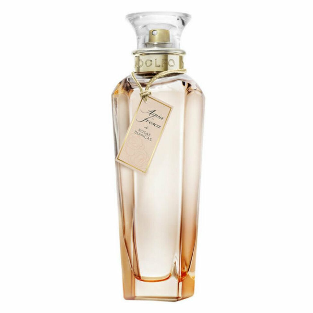 Parfümflasche mit Anhänger. Flasche mit transparentem Verschluss, rosa Flüssigkeit. Anhänger mit Text: Agua fresca de Rosas Blancas.