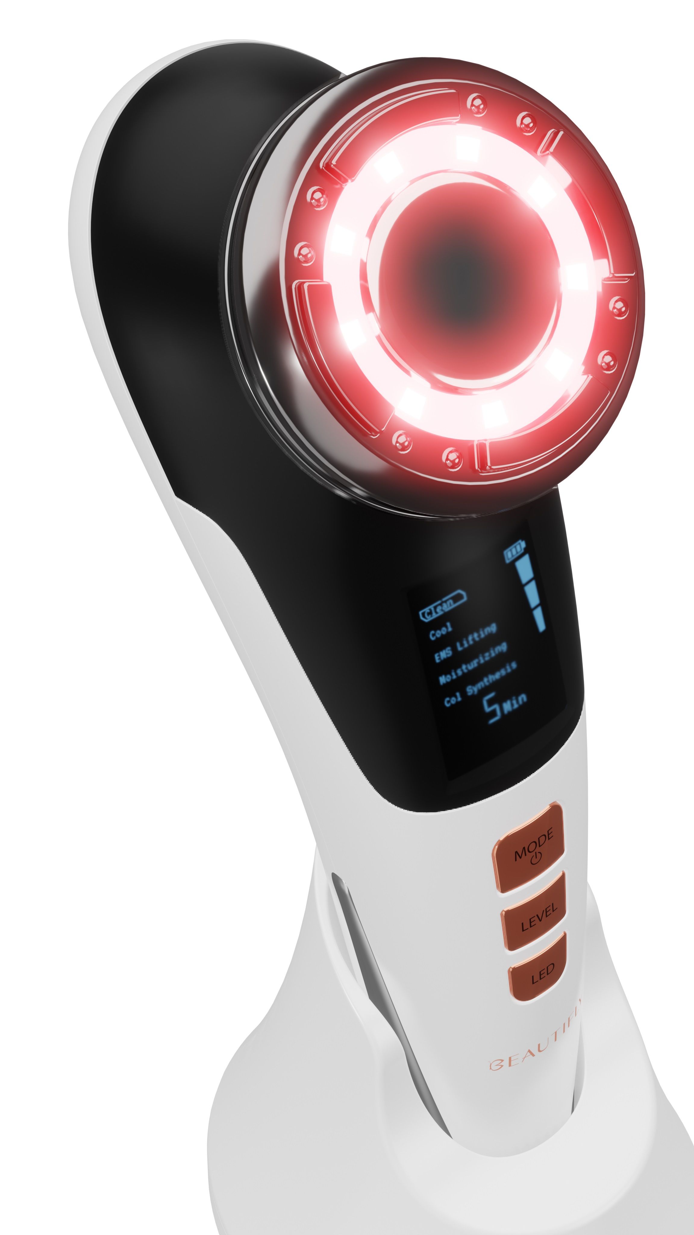 Weißes Mesotherapiegerät mit roter LED-Beleuchtung. Schwarzer Bildschirm, kupferfarbene Knöpfe. Marke: BEAUTIFLY. In Ladestation.