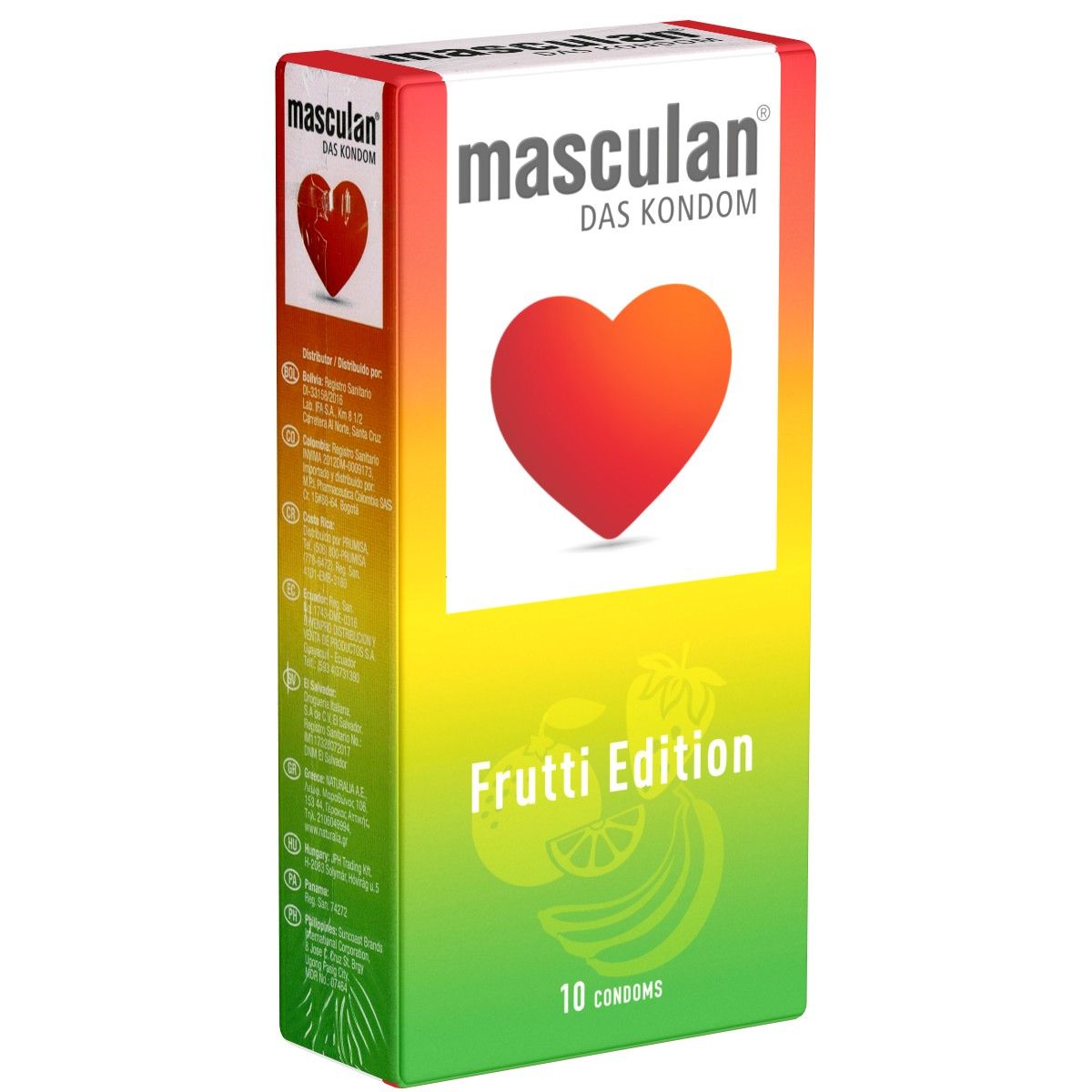 Verpackung von Masculan Frutti Edition. Aufschrift: Masculan, Das Kondom, Frutti Edition, 10 Kondome. Abbildung: Herz.