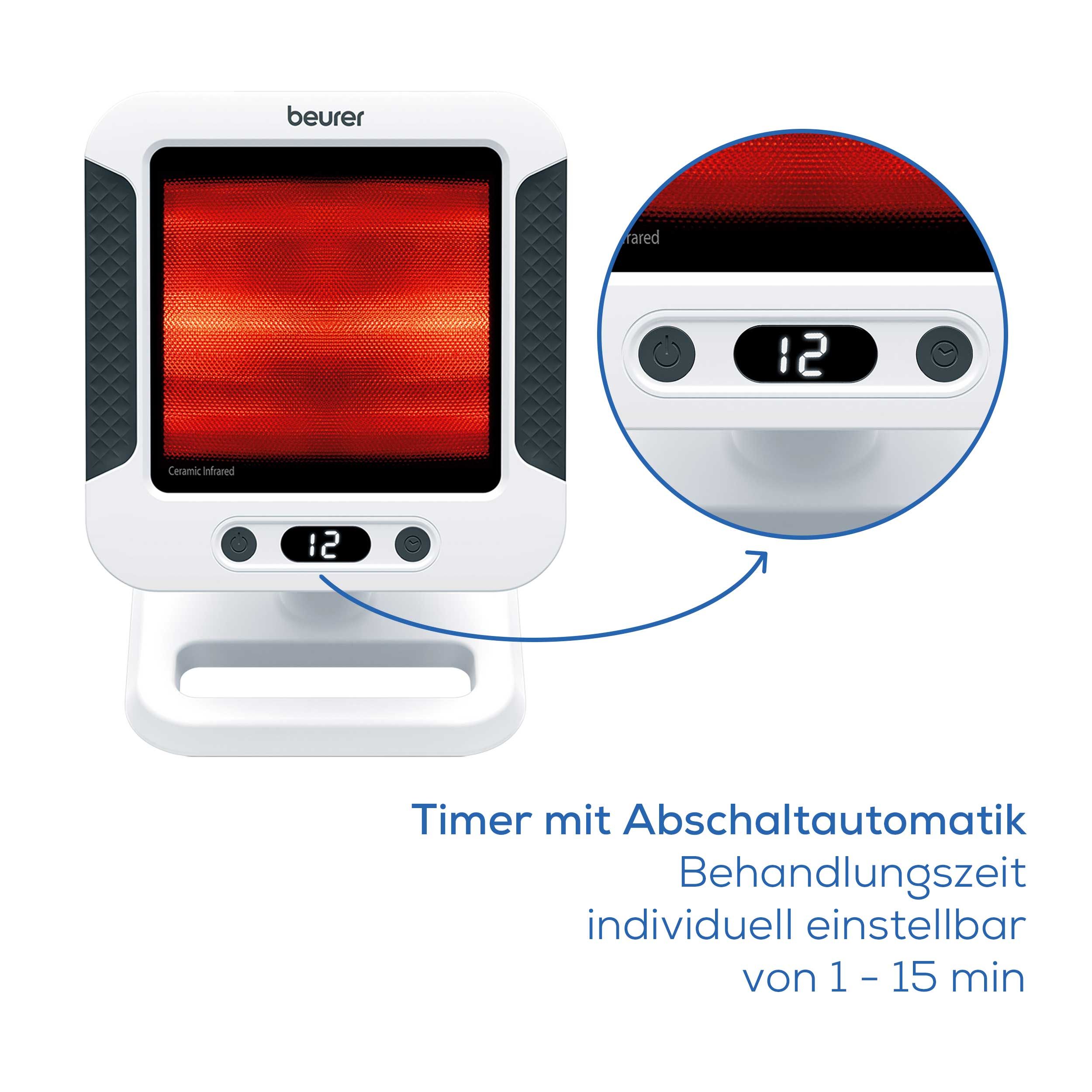 Infrarotlampe mit digitaler Anzeige. Zeigt die eingestellte Zeit an. Text: Timer mit Abschaltautomatik.
