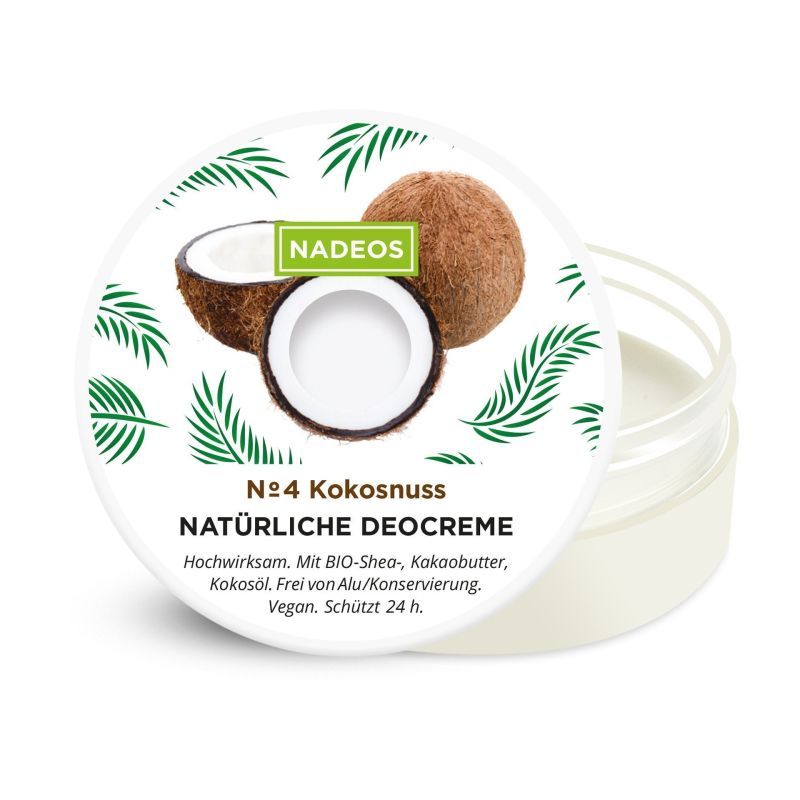 Deocreme in einem transparenten Tiegel. Auf dem Deckel Kokosnuss-Illustration und Schriftzug: NADEOS, Nr. 4 Kokosnuss, NATÜRLICHE DEOCREME.