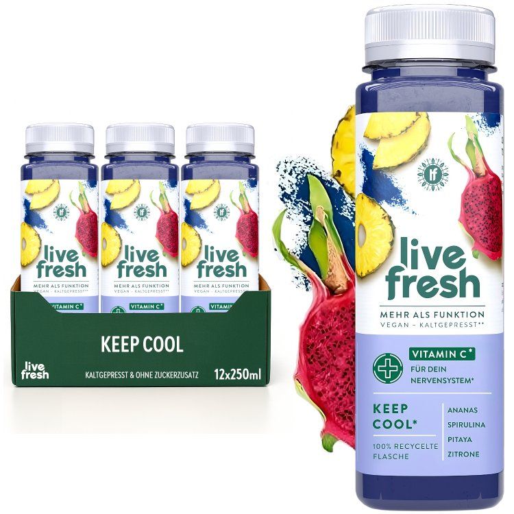 LiveFresh Keep Cool: Flaschen mit Saft in Verpackung. Text: Mehr als Funktion. Zutaten: Ananas, Spirulina, Pitaya, Zitrone.