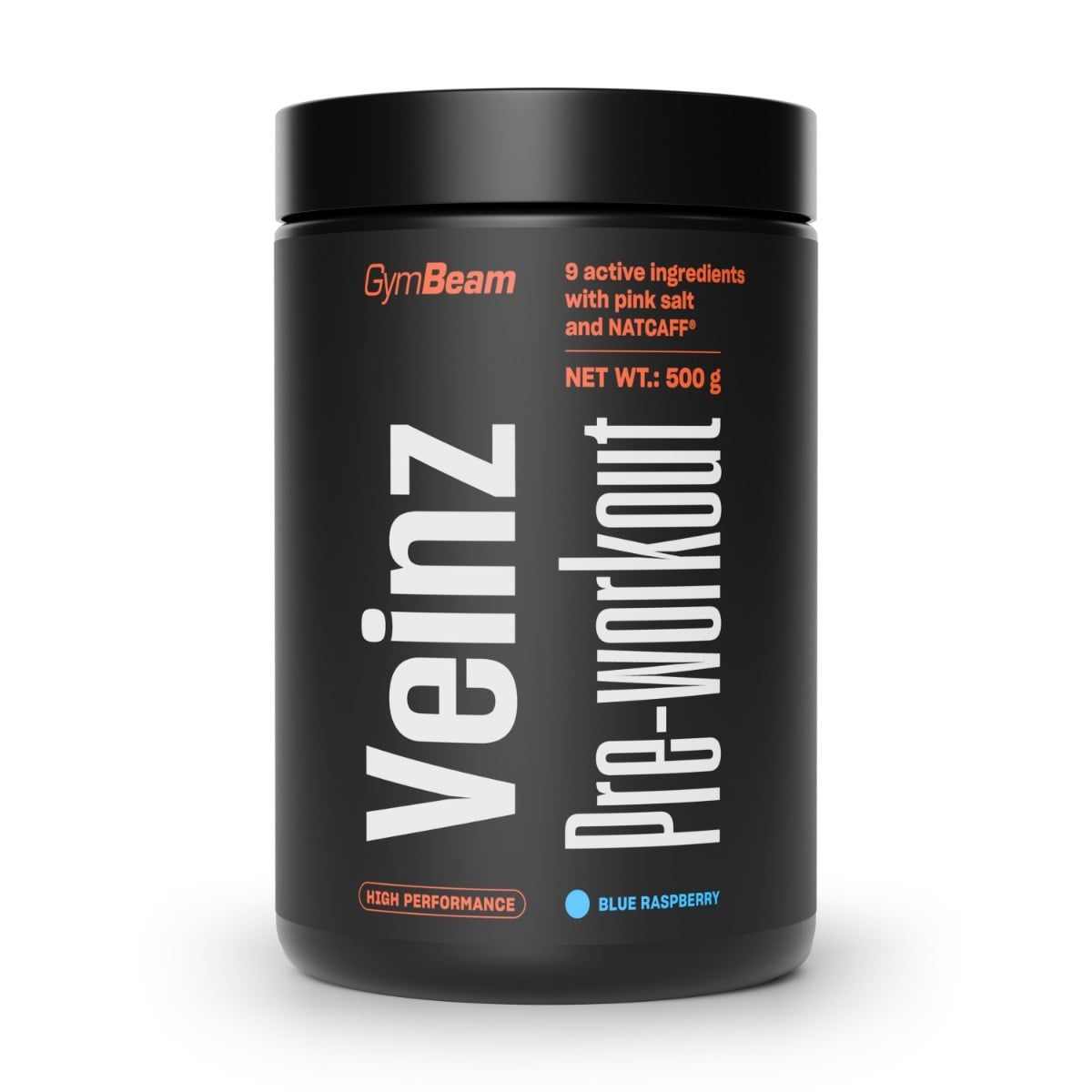 GymBeam Veinz Pre-Workout Pulver, 500g, Blue Raspberry. Enthält 9 Wirkstoffe, pinkes Salz und NATCAFF®.