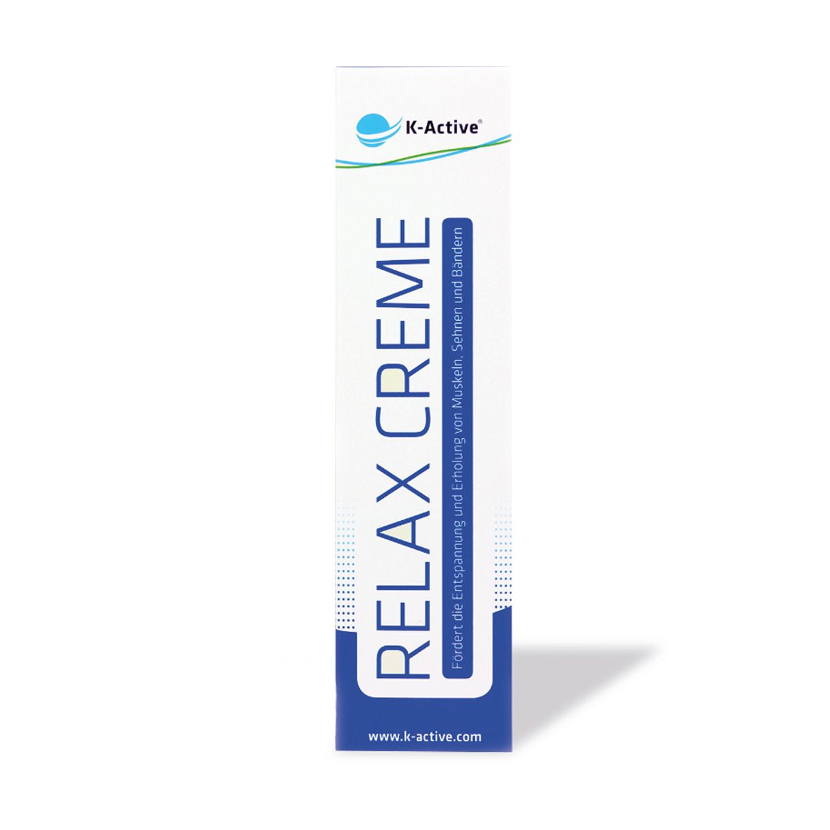 Kartonverpackung für K-Active Relax Creme. Weiß, blau und grün. Schriftzug: Relax Creme. Logo: K-Active. Website-Adresse.