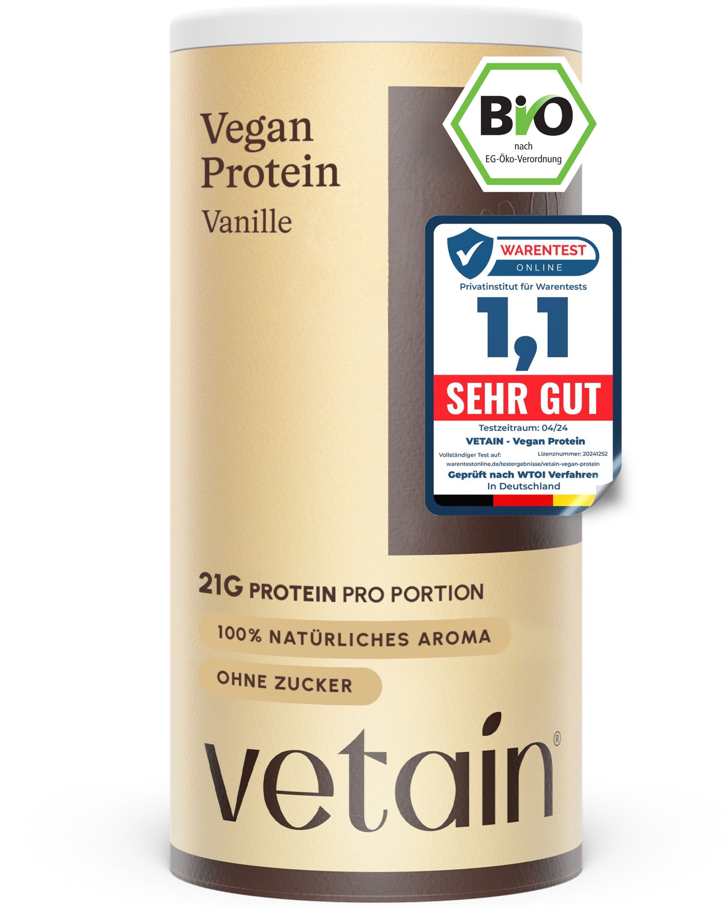 Vetain Proteinpulver VeganVanille 21g Eiweiß Ohne Zuckerzusatz 100% Bio Testsieger 540 g Pulver