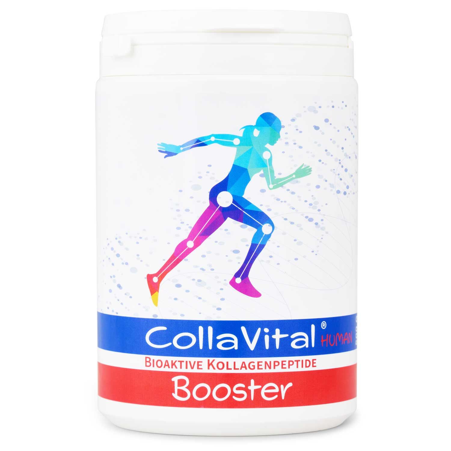 Weißes Collavital® Human BOOSTER-Behälter mit farbigem Läufer-Motiv. Blaue, rote und weiße Schrift. Bioaktive Kollagenpeptide.