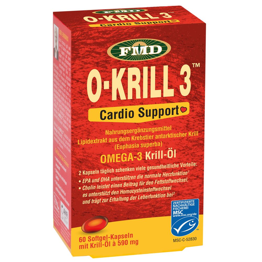 O-Krill 3 Cardio Support Kapseln-Packung. Rote Schachtel mit Produktnamen und Logo. 60 Softgel-Kapseln.