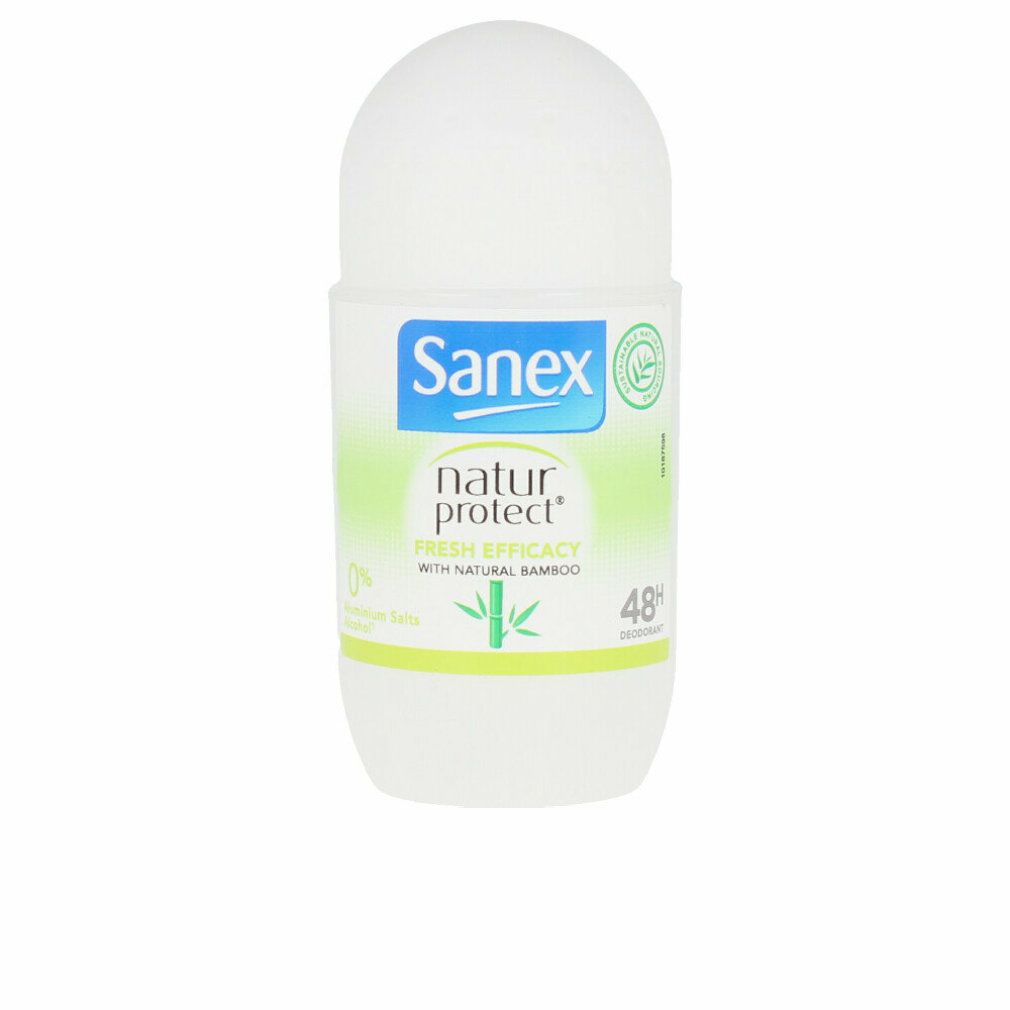 Weißer Roll-On-Deo mit Sanex-Logo und Natur Protect-Schriftzug. Enthält Bambus-Extrakt. 48h Schutz.