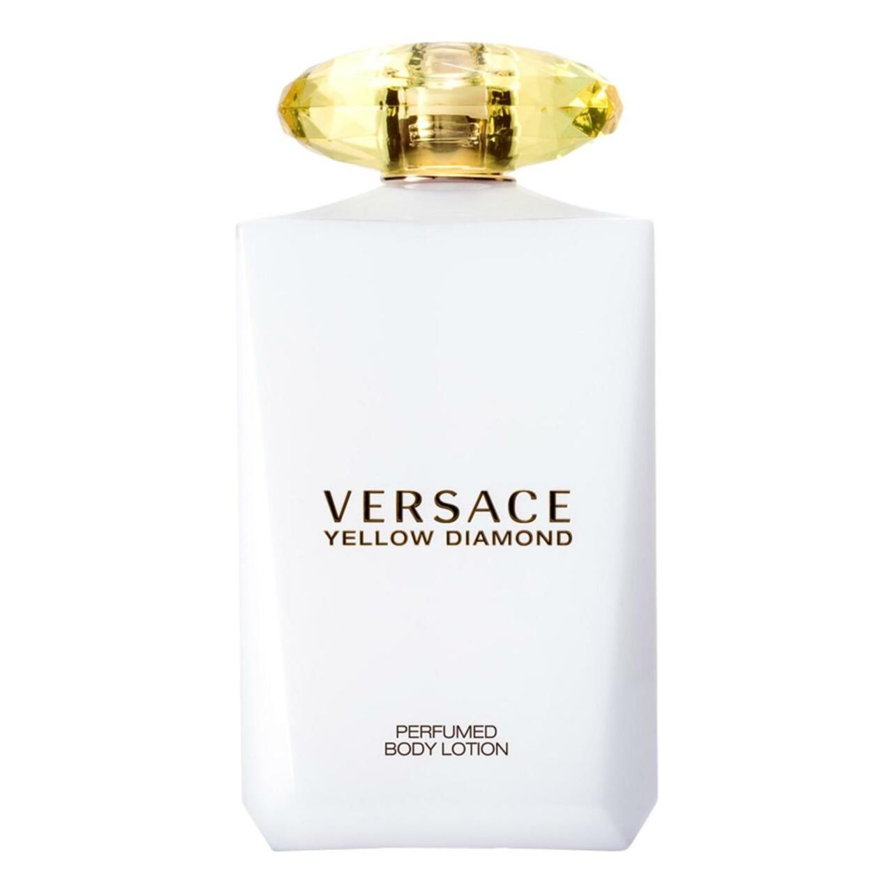 Weiße Flasche mit gelbem Deckel. Aufschrift: VERSACE YELLOW DIAMOND. Parfümierte Körperlotion.