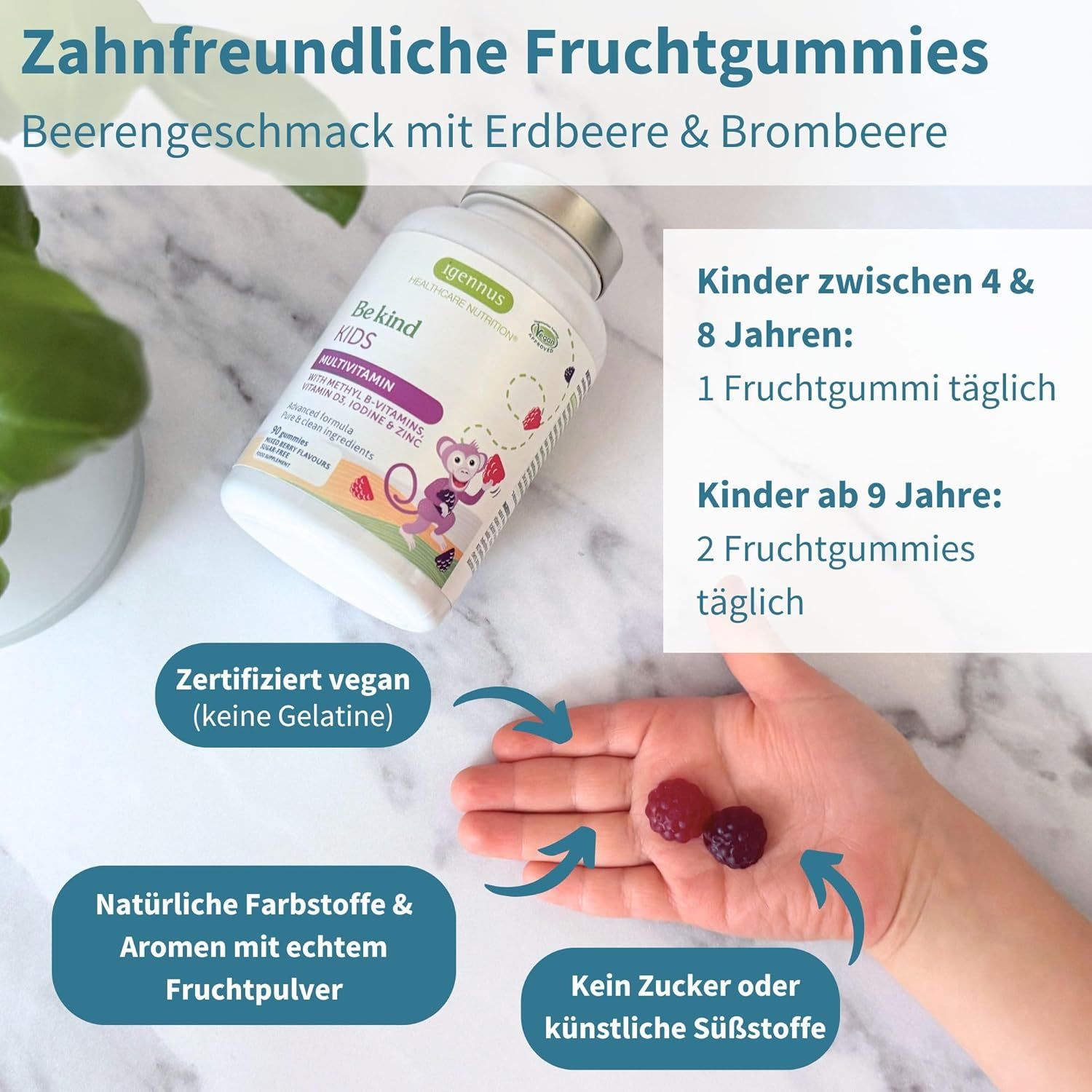 Flasche mit Fruchtgummis. Text: Zahnfreundliche Fruchtgummis. Erdbeer- & Brombeergeschmack. Vegan. 2 Gummis in Hand.