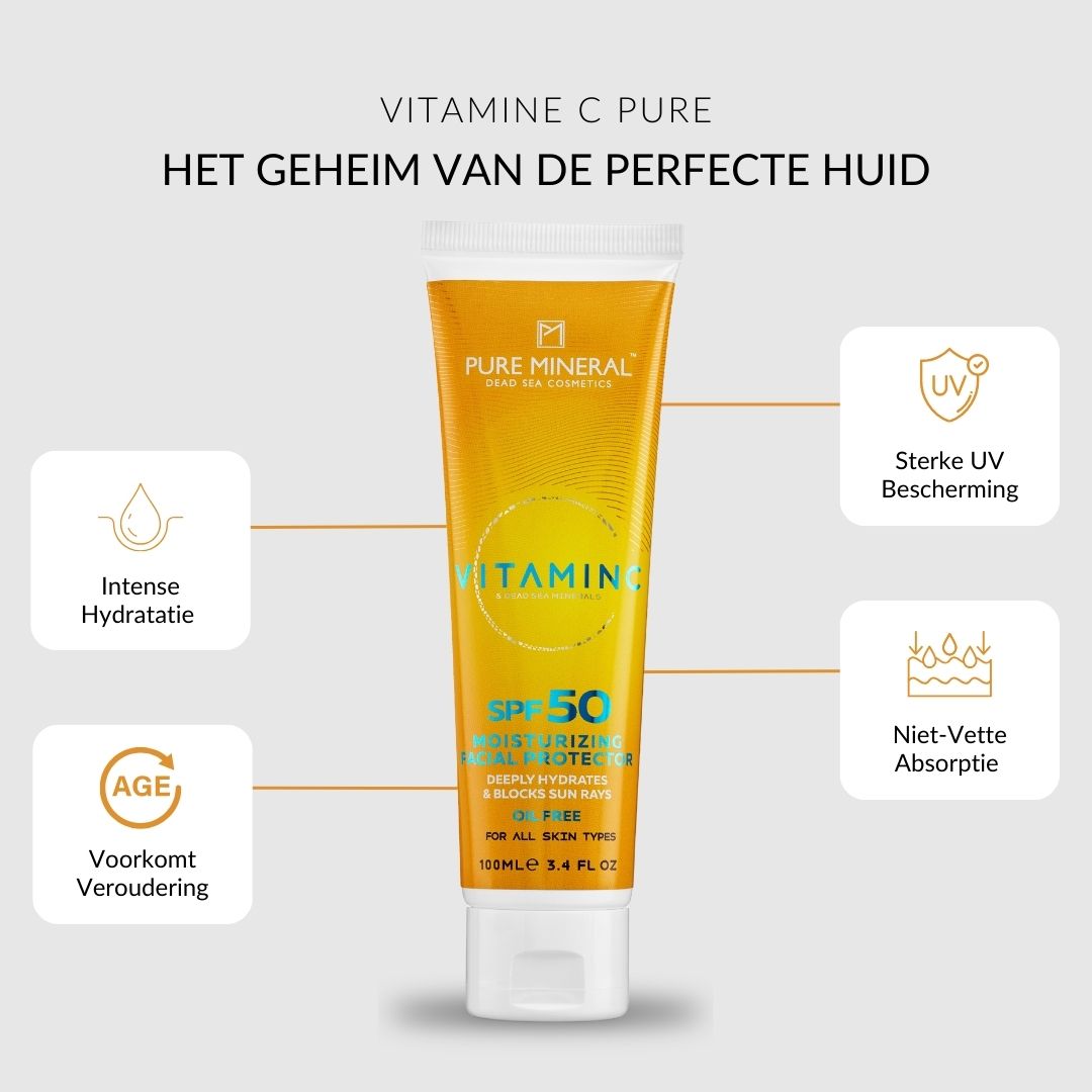 Gele tube met tekst: Vitamine C, SPF 50, hydraterende zonbescherming. Iconen: UV-bescherming, hydratatie, anti-aging.