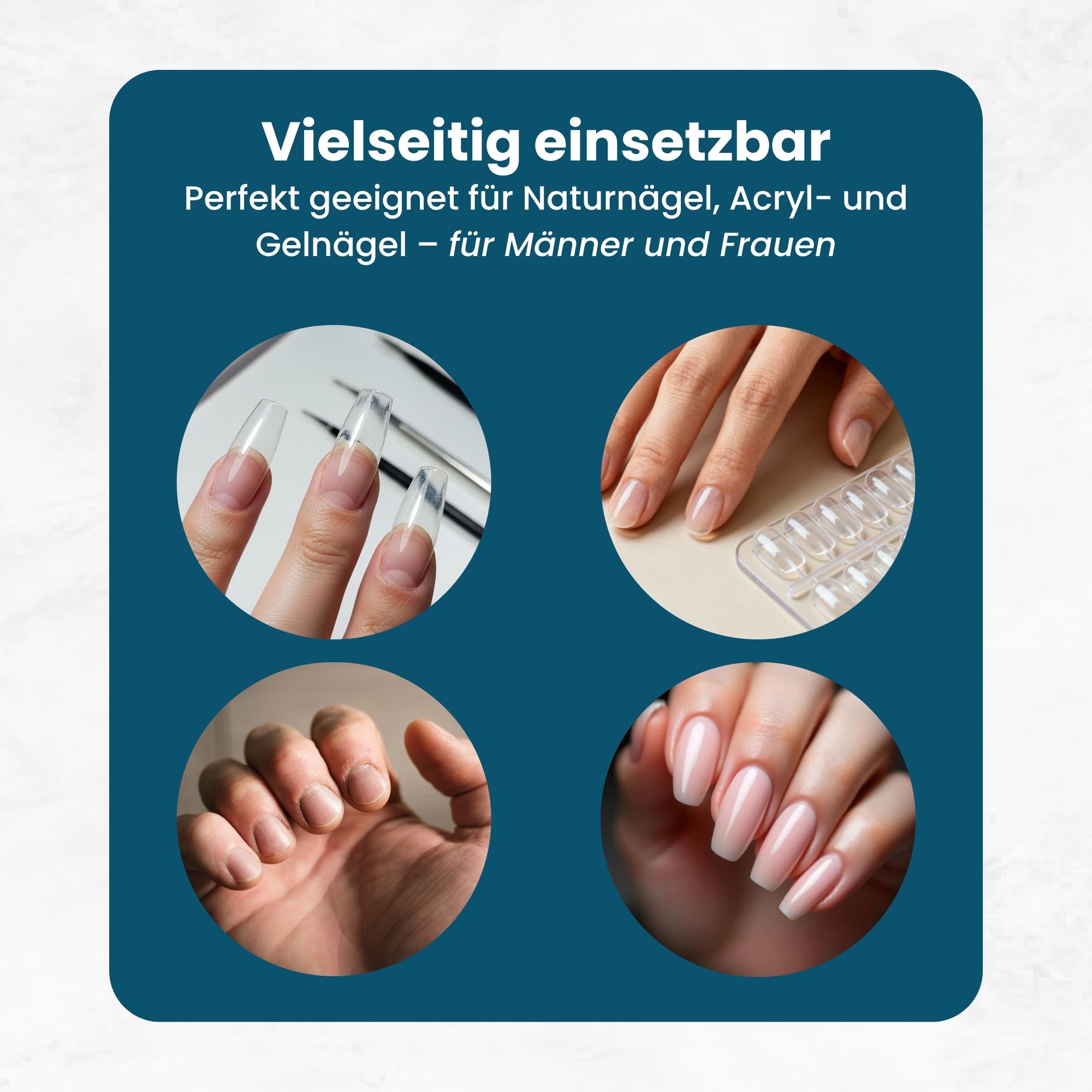 Vier Detailaufnahmen von Nägeln und Werkzeugen, die die Vielseitigkeit der Nagelfeile zeigen.