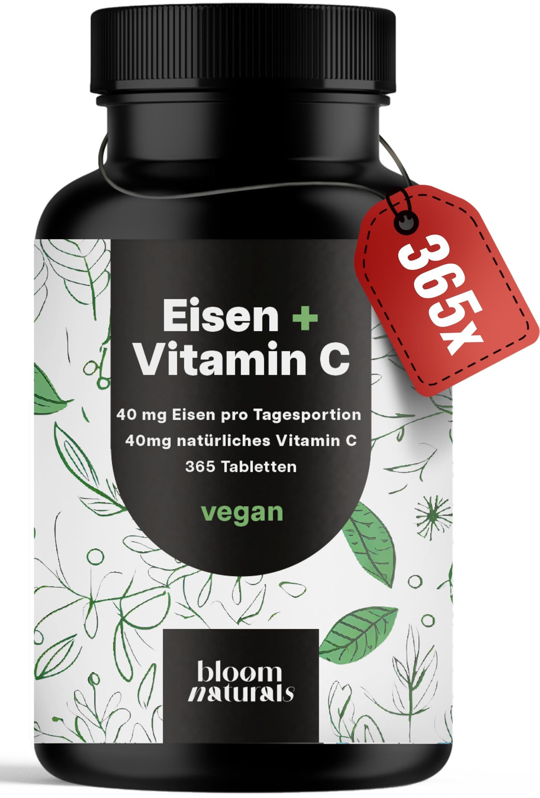Schwarze Dose mit Eisen + Vitamin C Tabletten. 365 Tabletten vegan.
