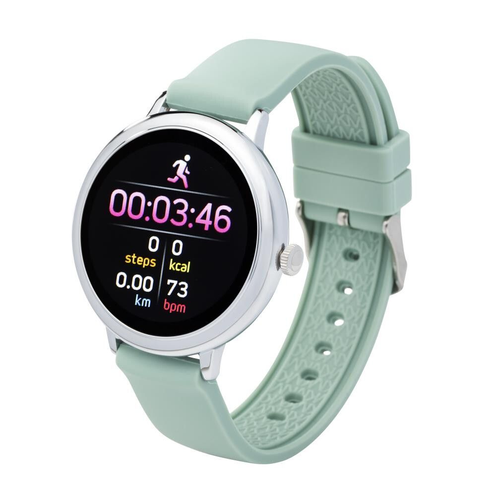 Runde Smartwatch mit mintfarbenem Armband. Das Display zeigt Zeit, Schritte, Kalorien, Distanz und Herzfrequenz.