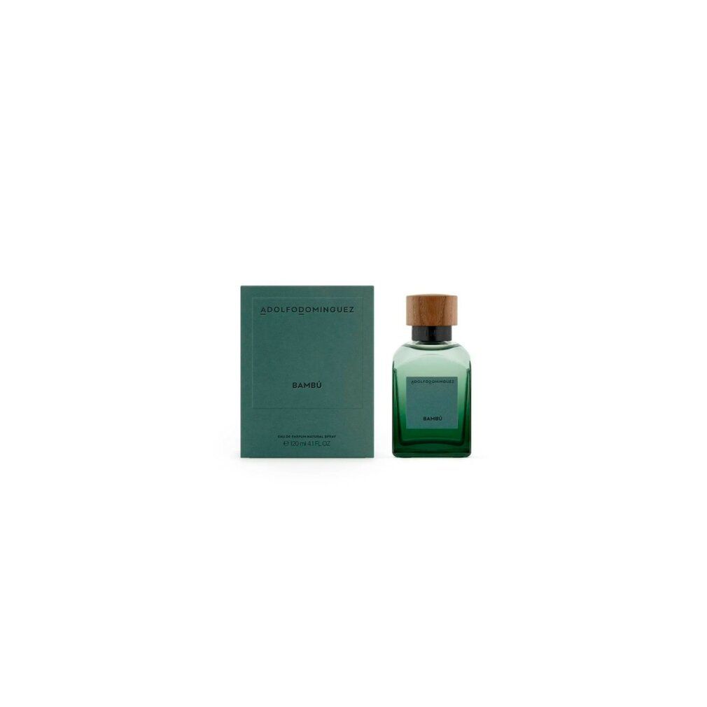 Grüne rechteckige Flasche und Schachtel. Auf der Schachtel steht "a.d. Bambu Man". Flasche mit Holzdeckel.