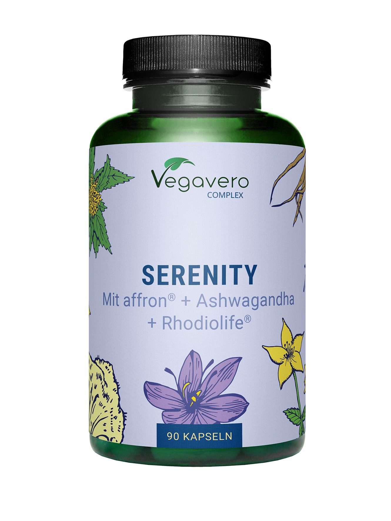 Grüne Flasche mit Kapseln. Aufschrift: Serenity, Mit affron + Ashwagandha + Rhodiolife. 90 Kapseln. Vegavaro Complex Logo.