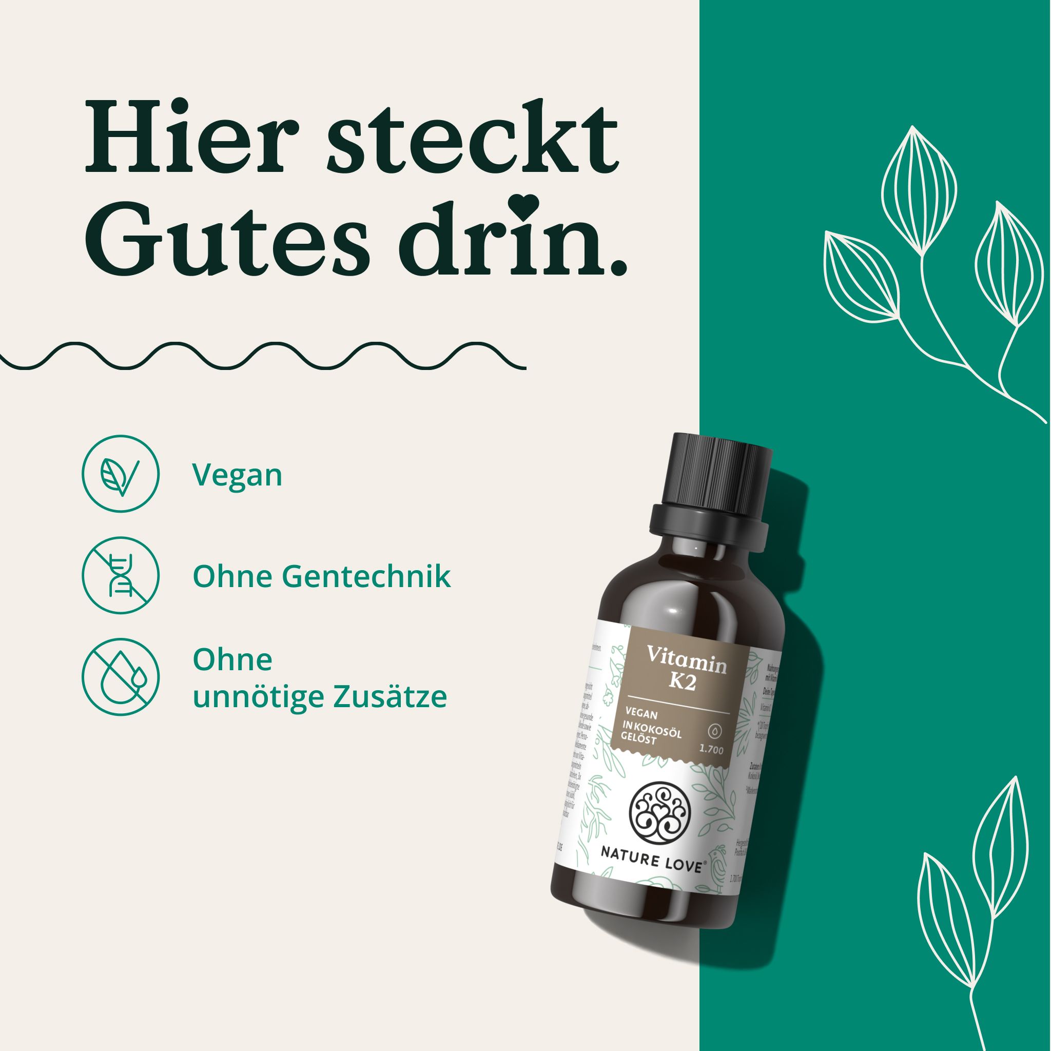 NATURE LOVE® Vitamin K2 MK7-200µg - 50ml - Höchster all-trans-Gehalt 99,7+% - K2VITAL® von Kappa