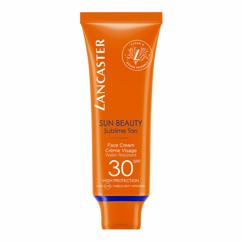 Orange Tube mit Lancaster-Logo, Sun Beauty, SPF 30. Text: Face Cream, Wasserfest. Blauer und oranger Farbverlauf.