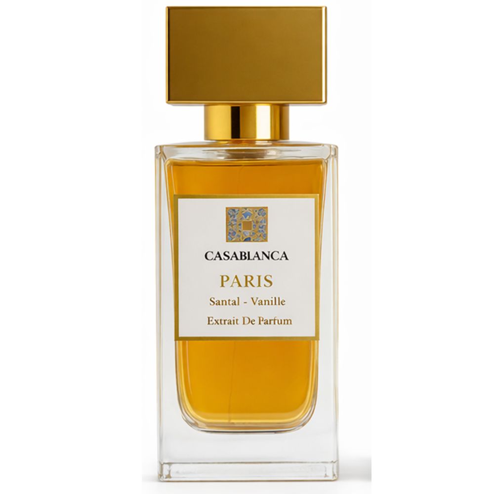 Parfumflakon mit goldfarbenem Verschluss. Aufschrift: Casablanca Paris, Santal-Vanille, Extrait de Parfum.