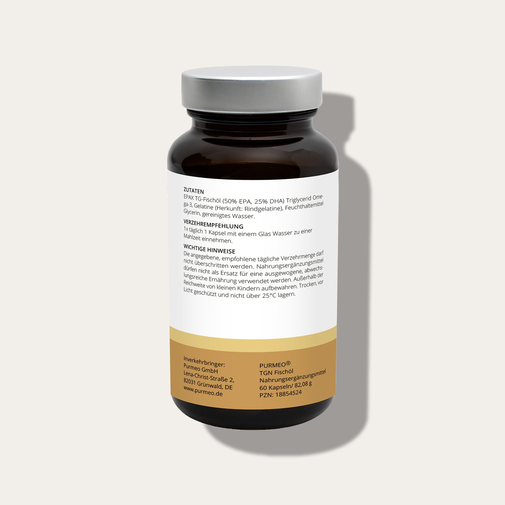 Braune Flasche mit silbernem Deckel. Rückseite mit Zutaten, Anwendungshinweisen und Text. Aufkleber.