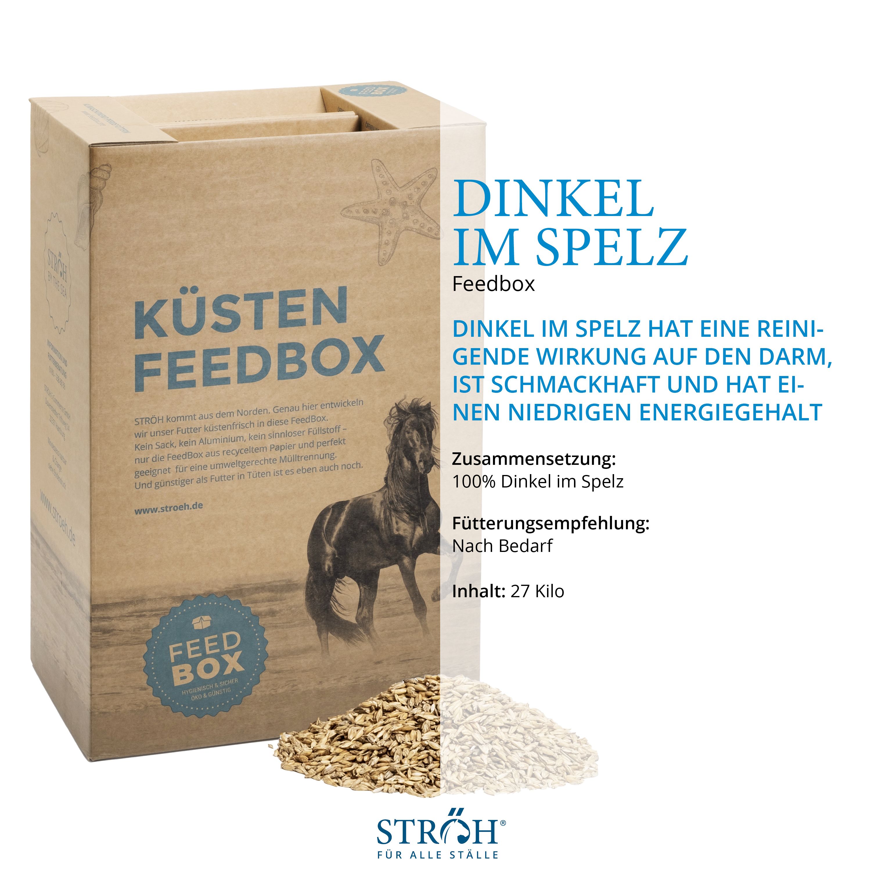 Karton "Küsten Feedbox" mit Text "Dinkel im Spelz". Daneben Spelz und Text. Marke: STRÖH.