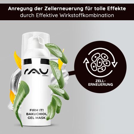 Weiße Flasche mit schwarzem Aufdruck. Text: Firm it! Bakuchiol Gel Mask. Aloe Vera Blätter.
