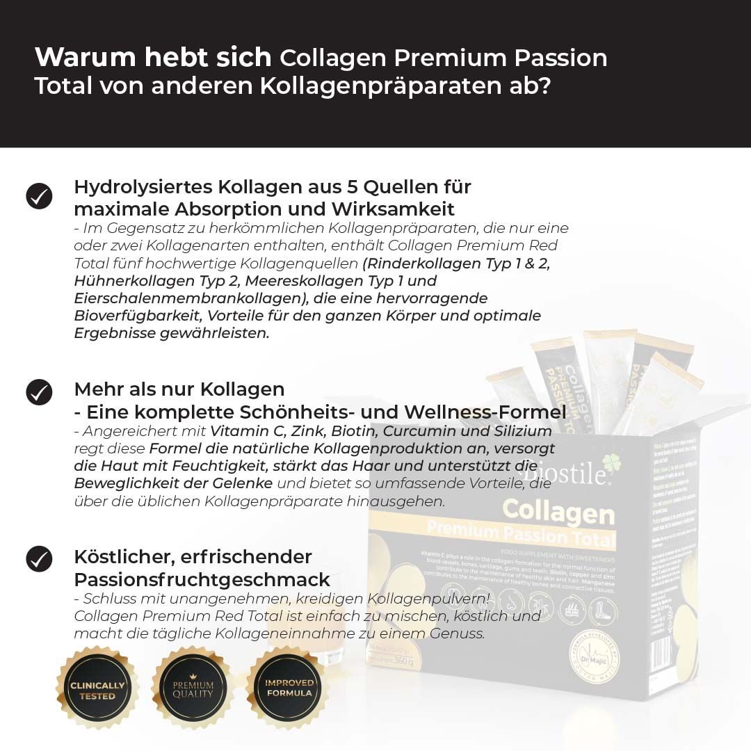 Biostile Collagen Premium Passion Total Packung mit Text und Icons. Text: Warum Sie es lieben werden? Vorteile und Inhaltsstoffe.