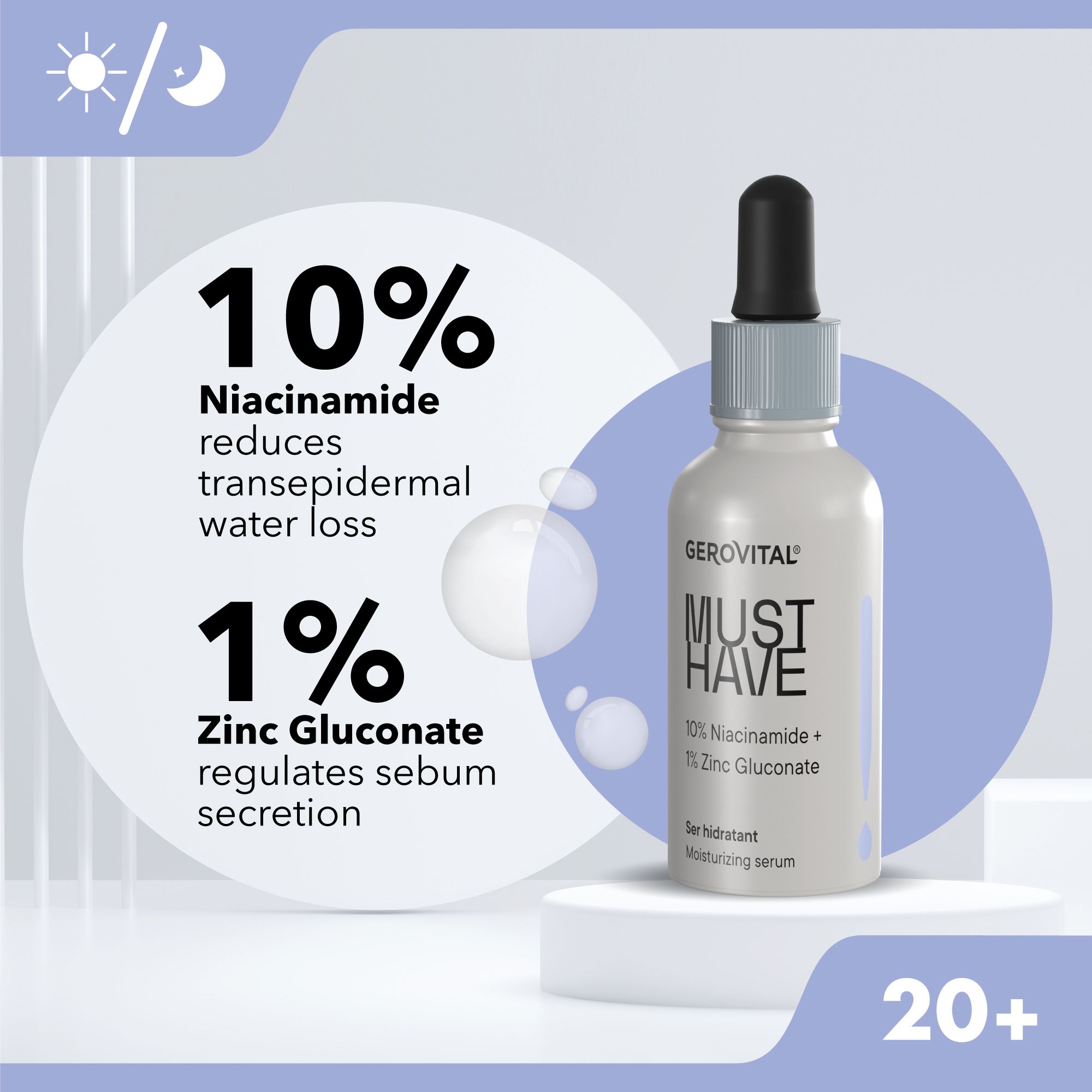 Gerovital Serum mit Pipette. Text: MUST HAVE. 10% Niacinamid reduziert Wasserverlust. 1% Zinkgluconat reguliert Talgsekretion. Auf blauem Hintergrund.