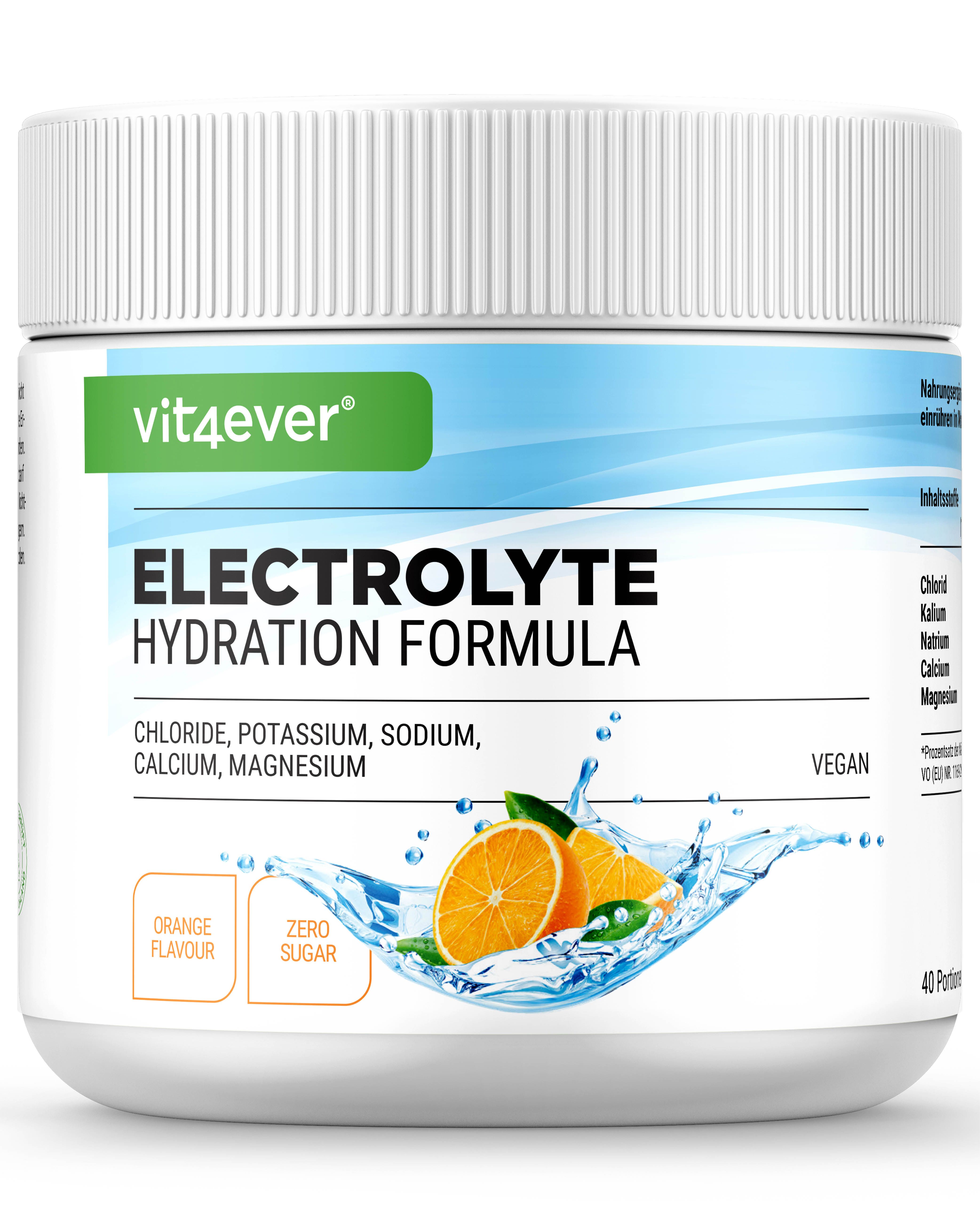 Vit4ever Elektrolyte Hydration Formula in Dose. Aufschrift: Chlorid, Kalium, Natrium, Calcium, Magnesium. Mit Orangen und Wasser.