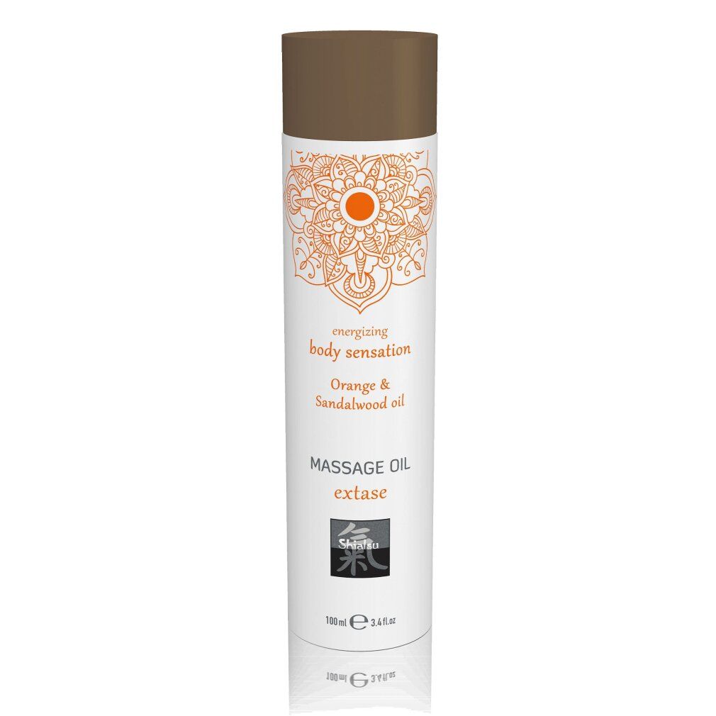 Massageöl Extase Flasche mit Orange & Sandelholzöl. Weiß mit orangem Muster.