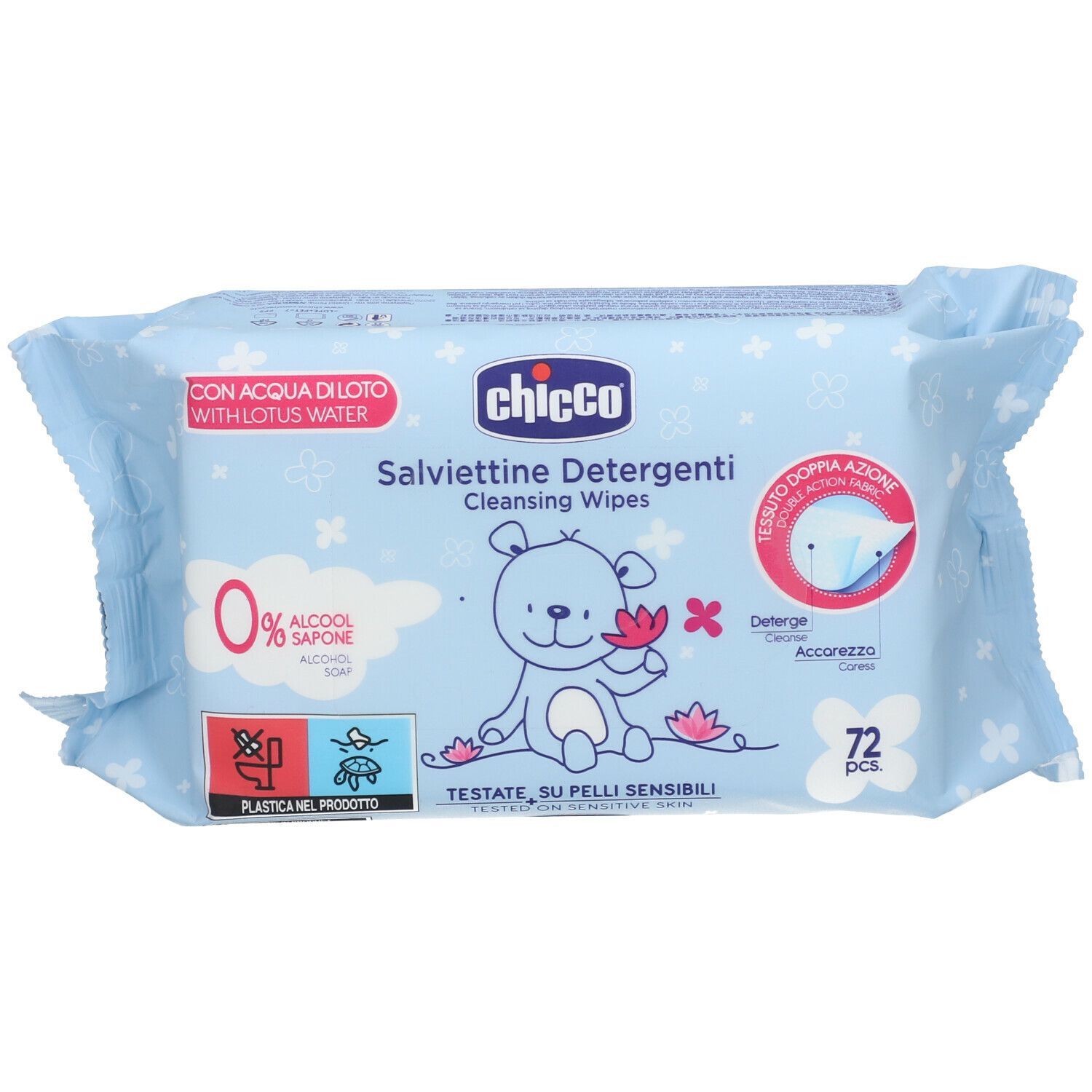 Confezione azzurra di salviettine detergenti con illustrazione di bambino e testo. Contiene 72 pezzi. "Chicco Salviettine Detergenti".