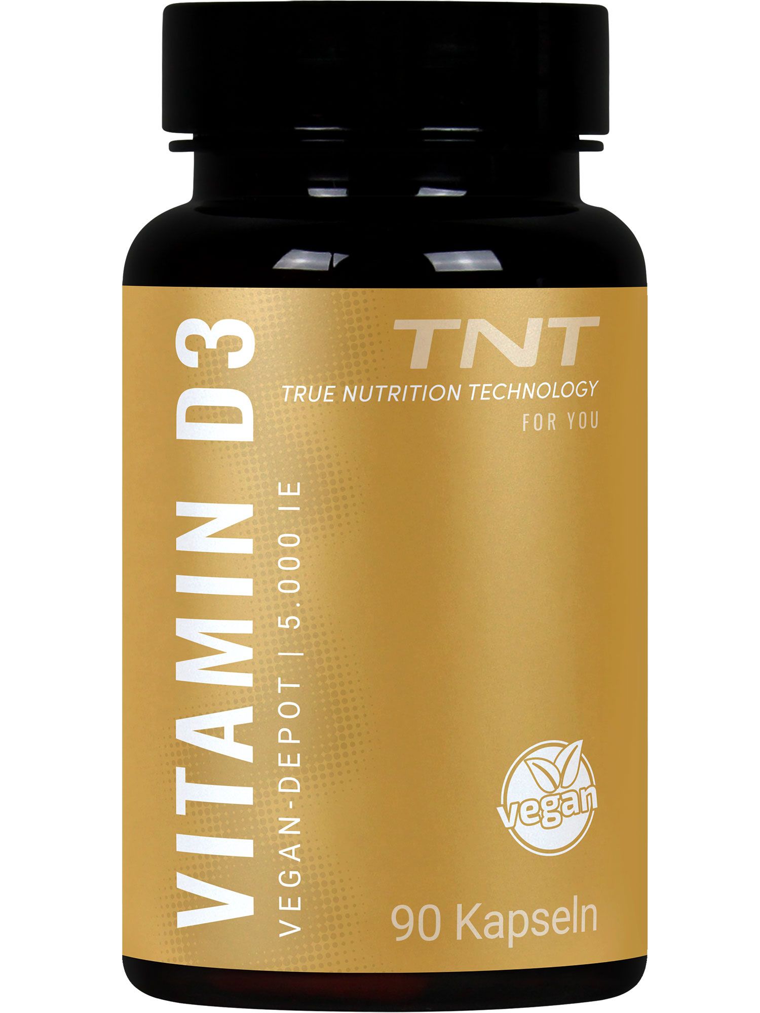 Braune Flasche mit TNT Vitamin D3 Kapseln. Aufschrift: Vegan-Depot, 90 Kapseln. Vegan-Siegel.