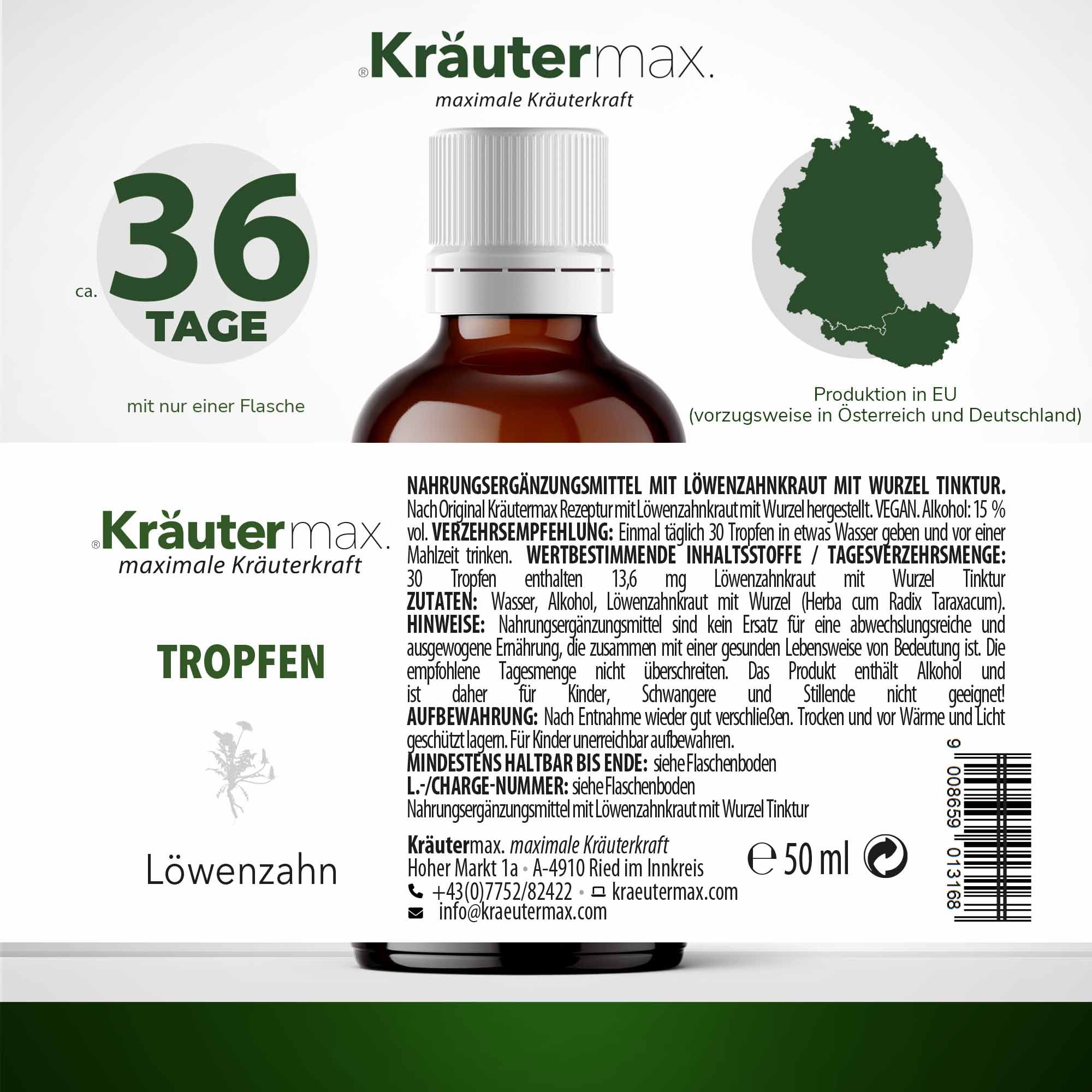 Braune Glasflasche mit Etikett. Aufschrift: Kräutermax, Tropfen, Löwenzahn, 50 ml. Text: 36 Tage, Nahrungsergänzungsmittel, Inhaltsstoffe, Verzehrempfehlung, Mindesthaltbarkeit.