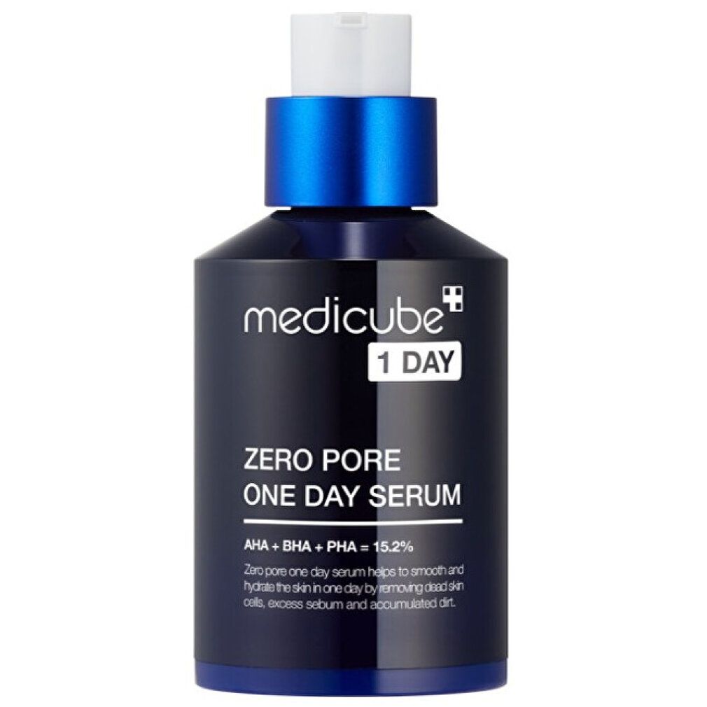 Dunkelblaue Medicube Zero Pore One Day Serum Flasche mit blauem Deckel.