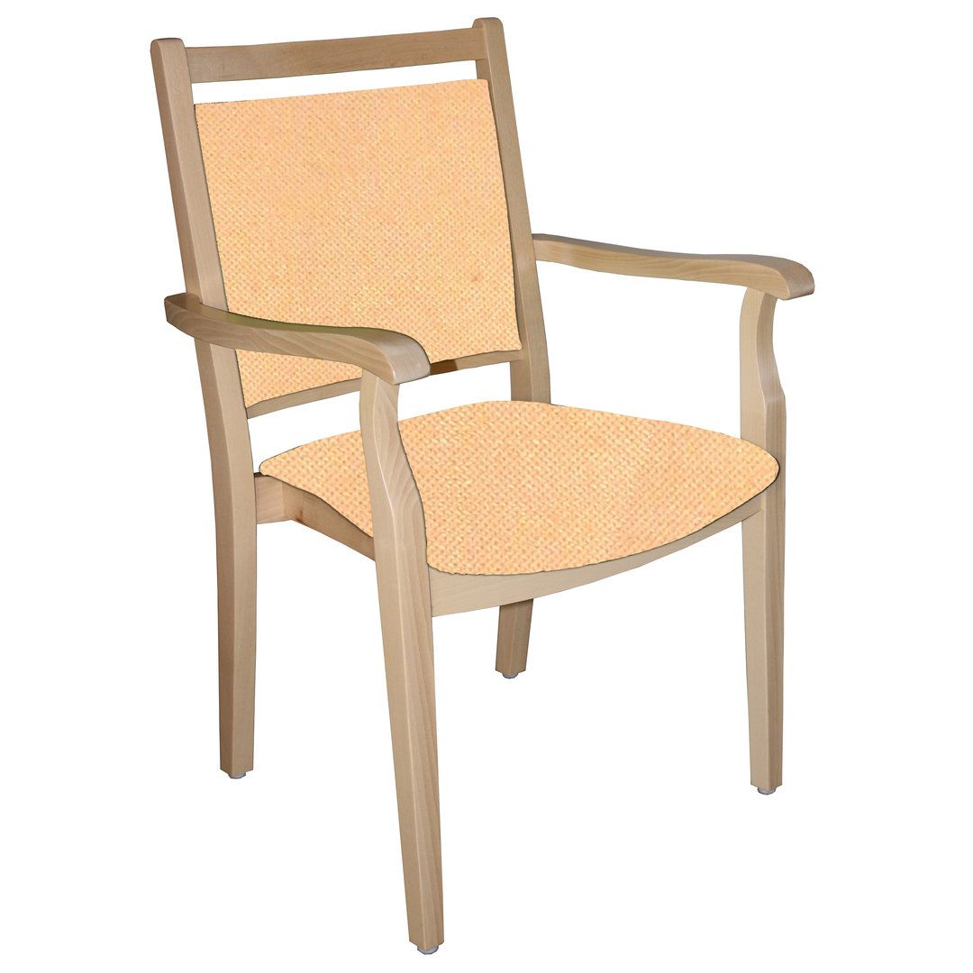 Seniorenstuhl mit Armlehnen. Holzrahmen, beige Sitzfläche und Rückenlehne.