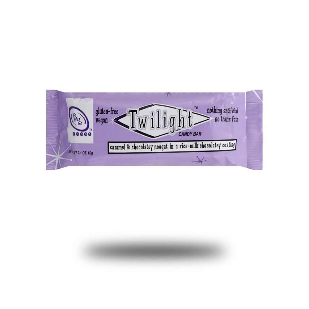 Riegel in lila Verpackung. Aufschrift: Twilight Candy Bar, glutenfrei, vegan. Enthält Karamell und Schokoladen-Nougat.