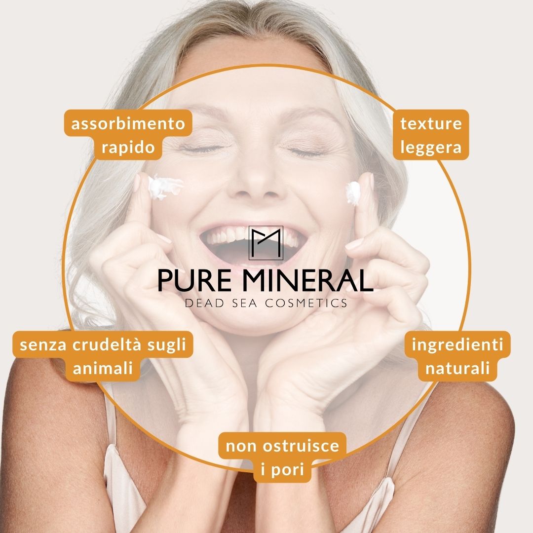 Donna con crema sul viso. Testo: Pure Mineral. Icone: assorbimento rapido, texture leggera, cruelty-free.