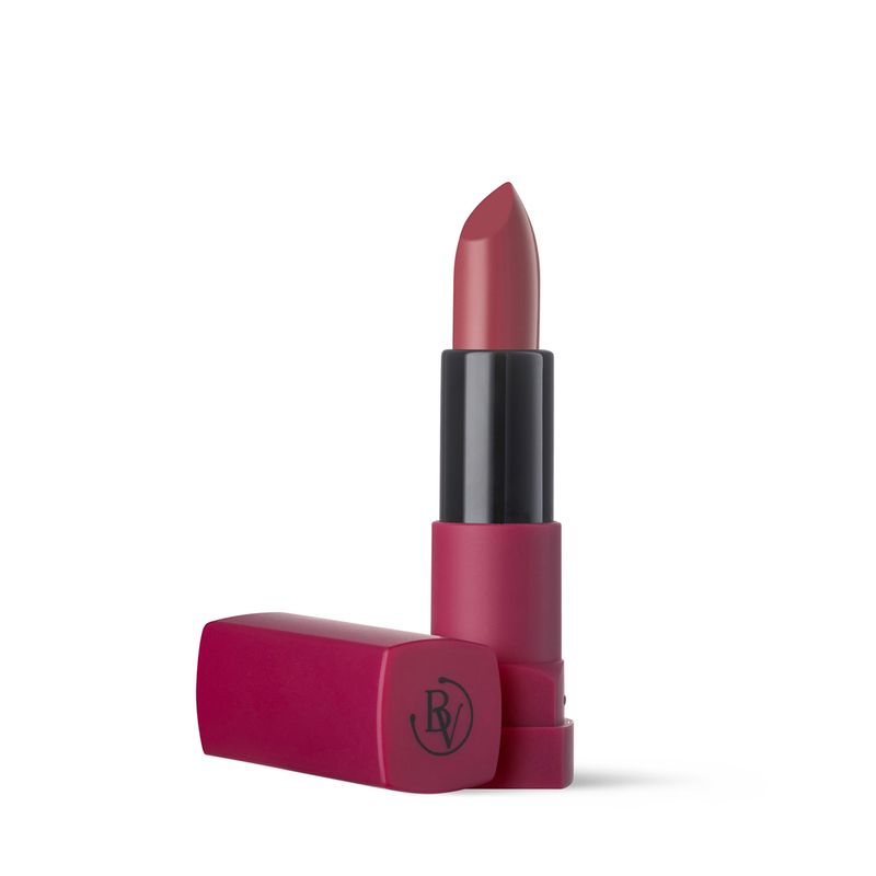 Un rossetto Bottega Verde Amore di rossetto - Rossetto velvet mat. Il rossetto è in un involucro rosso scuro con una sezione centrale nera e un rossetto rosa. Il cappuccio è accanto. Il logo è visibile sul cappuccio.