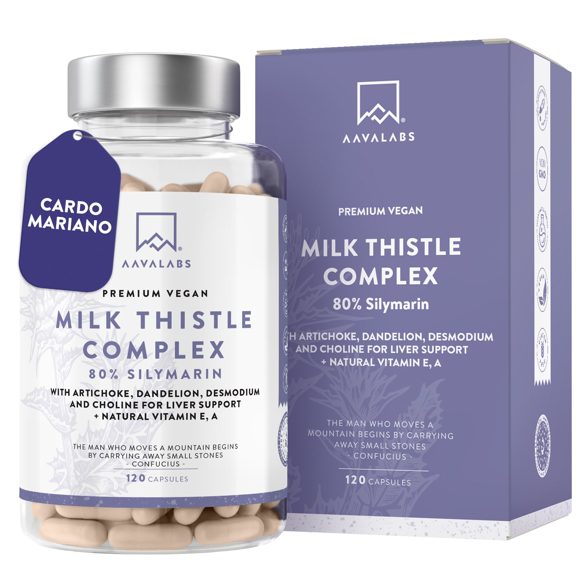 Kapseln in einer Glasflasche und Schachtel. Aufschrift: Milk Thistle Complex, 80% Silymarin, 120 Kapseln.